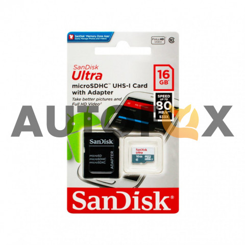 SanDisk microSD 16GB Class 10 Ultra Android UHS-I (80Mb/s) +SD adapter Карта памяти